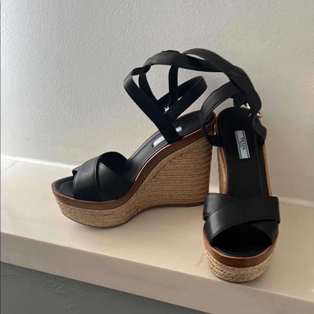 Prada Black Wedge Sandals with Leather Straps